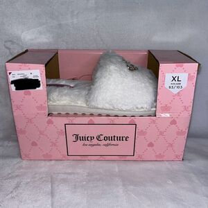 Juicy Couture White Fuzzy Slippers Gold Crown Size XL (Women's 9.5 - 10.5) NEW